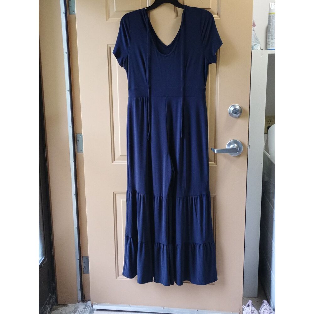 Cato Navy Blue Ruffled Jumpsuit, Wide Leg, V-Neck, Tie Back, Large